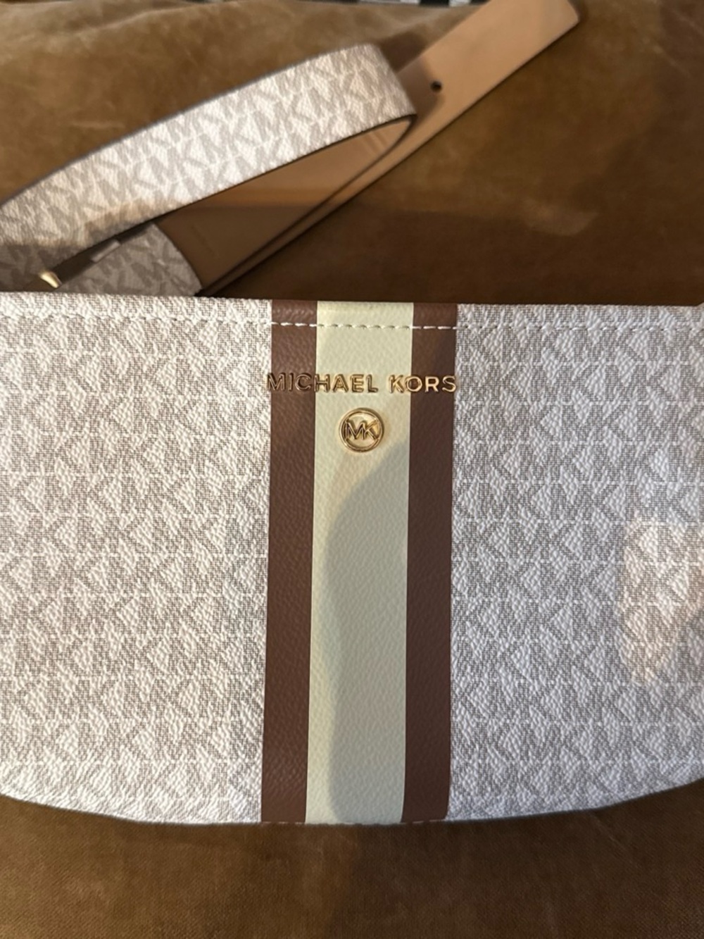 Michael Kors White and Brown Logo Belt Bag with Gold Hardware
